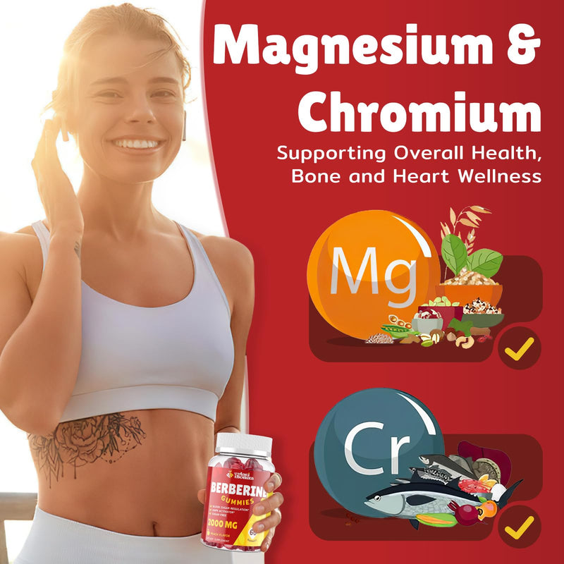 [Australia] - 2000mg Berberine Supplement Gummies - High Potency Berberine with Ceylon Cinnamon Candy, Turmeric, Magnesium, Chromium - Sugar Free, Vegan, Non-GMO, Gluten-Free - Peach Flavor 60 Gummies - 1 Pack 60 Count (Pack of 1) 