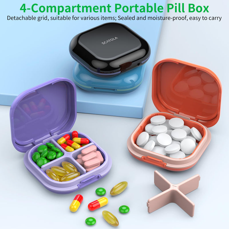 Daily Pill Organizer 4 Compartments, Small Pill Box Portable Travel Pill Case, Mini Pill Container for Purse Pocket, Compact Travel Medicine Organizer for Vitamin, Cod Liver Oil, Supplement (Pink) Pink