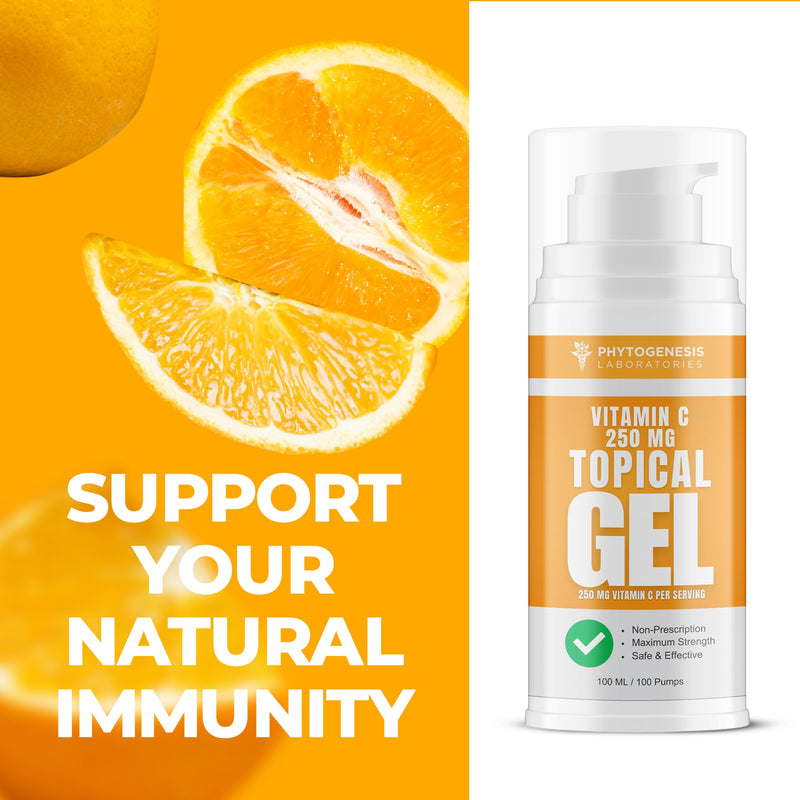 Phytogenesis Vitamin C Topical Gel | Topical Vitamin C Support, Skin & Wellness, High Absorption Transdermal Formula, 250mg per Serving