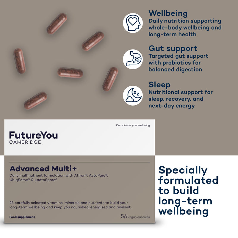 FutureYou Cambridge Advanced Multi+ – Next-Generation Daily Multivitamin with 23 Vitamins & Minerals, CoQ10, Probiotic & Antioxidants – Energy, Sleep & Wellbeing Support 56 Capsules (28-Day Supply)