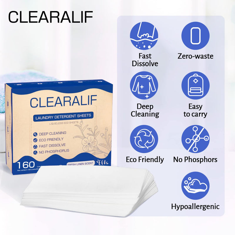 [Australia] - CLEARALIF Laundry Detergent Sheets Up to 160 Loads, Fresh Linen - Great For Travel,Apartments, Dorms,Laundry Detergent Strips Eco Friendly & Hypoallergenic 160 Count (Pack of 1) 