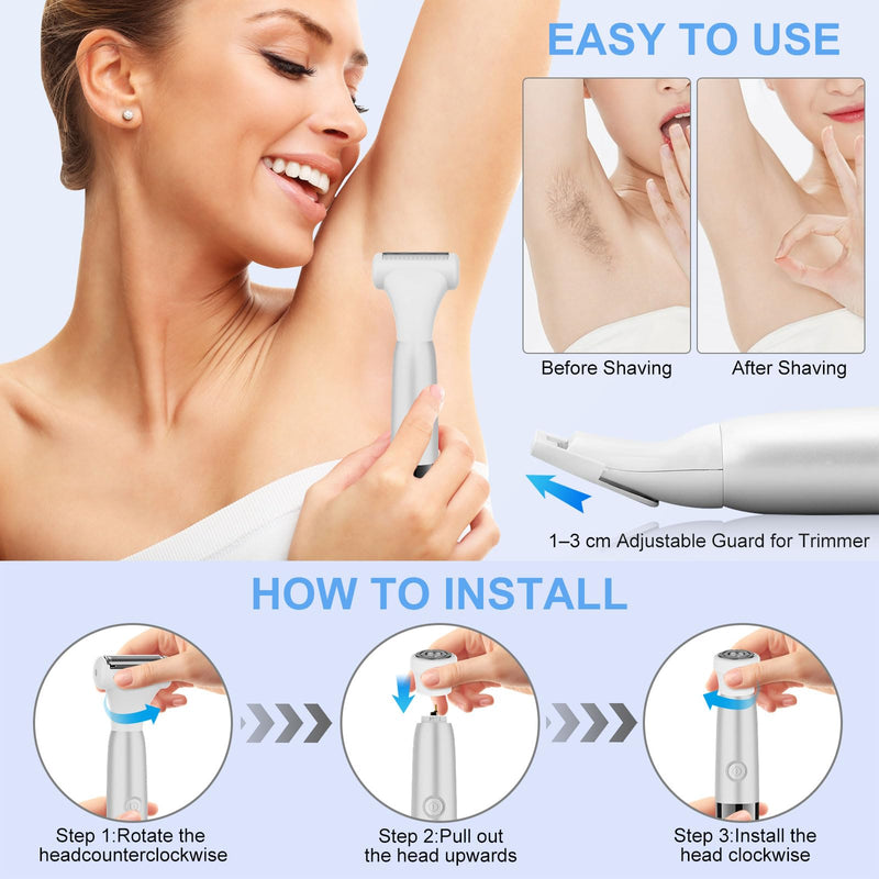 [Australia] - 6 in 1 Bikini Trimmer and Shaver Kit for Women, Wet/Dry Electric Body Hair Trimmer Facial Hair Removal Cordless Waterproof Bikini Shaver Razor for Face Nose Eyebrow Arm Leg Pubic Armpit Bikini 