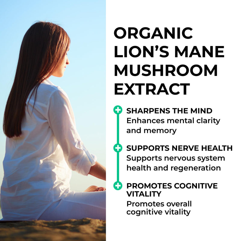 Organic Lions Mane Supplement High Strength, 60 Capsules, Premium 8:1 Mushroom Extract from Fruiting Body, No Fillers, for Mental Clarity, Focus, Attention, Love Life Supplements