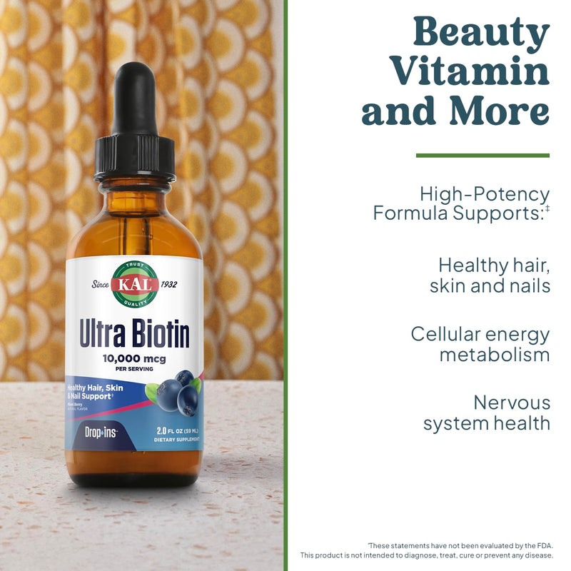 KAL Ultra Biotin 10000mcg DropIns, Natural Mixed Berry Flavor - 2 fl oz | Liquid Biotin Drops for Hair, Skin, & Nails for Women & Men, High Potency Vitamin B7 2 Fl Oz (Pack of 1)