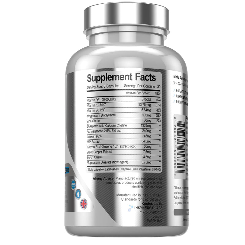 Ultra Premium Testosterone Booster for Men - Male Synergy The UK’s No1 Testosterone Supplements for Men Test Boost Energy Muscle Growth Libido | 90 Vegan Capsules Zinc Magnesium 90 count (Pack of 1)