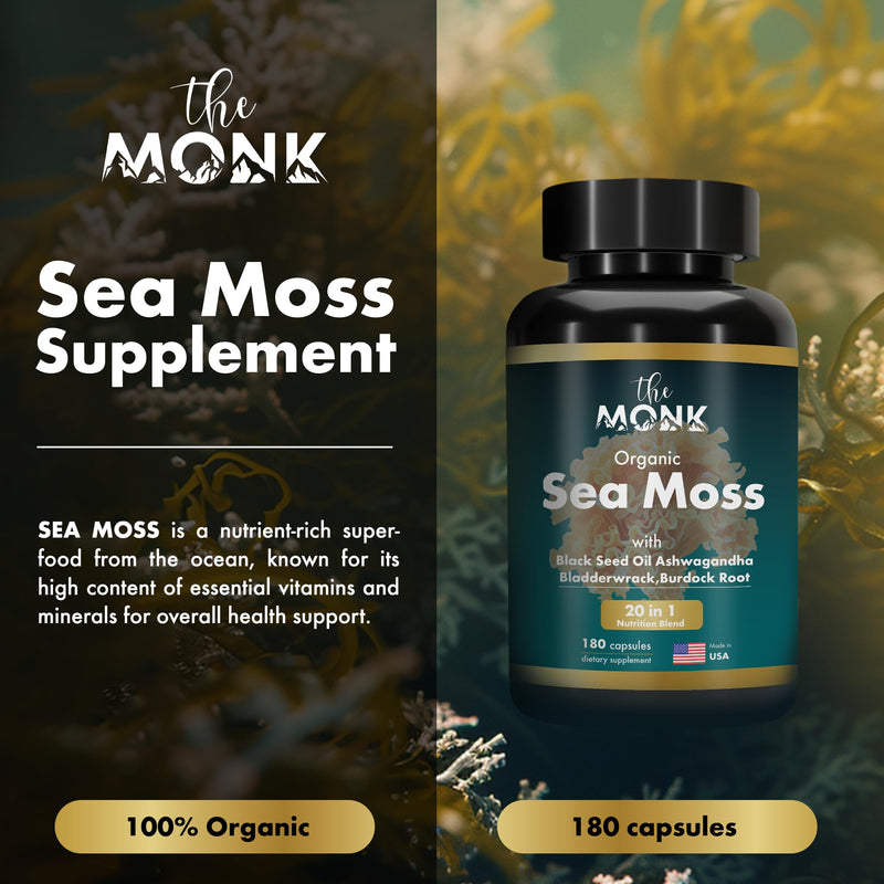 [Australia] - Organic Irish Sea Moss Capsules - Advance Formula, Raw Wildcrafted Seamoss Supplement with Bladderwrack and Burdock Root - 180 Pills - Made in The USA 