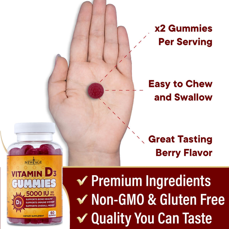 NEW AGE Vitamin D3 5000 IU 125mcg Gummies - Immune Supplement - Non-GMO, Gluten-Free, Dairy-Free, No Gelatin (120 Gummies (Pack of 2)) 120 Gummies (Pack of 2)