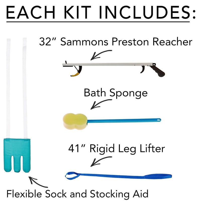 [Australia] - Sammons Preston Hip Kit 9, Four Essential Assisted Daily Living Aids for Limited Mobility, Includes 32" Reacher Claw, Flexible Sock Aid, Rigid Leg Lifter, and Contoured Bath Sponge with Long Handle 