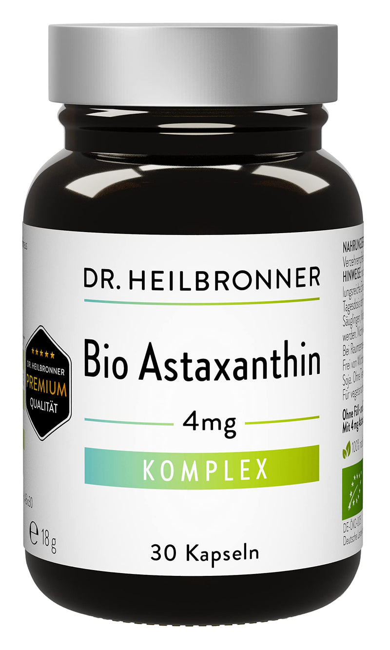[Australia] - Dr. Heilbronner organic astaxanthin 4 mg capsules in a glass bottle I antioxidants from the vital alga Haematococcus Pluvialis I premium supplements carotenoid capsules vegan gluten-free and lactose-free 