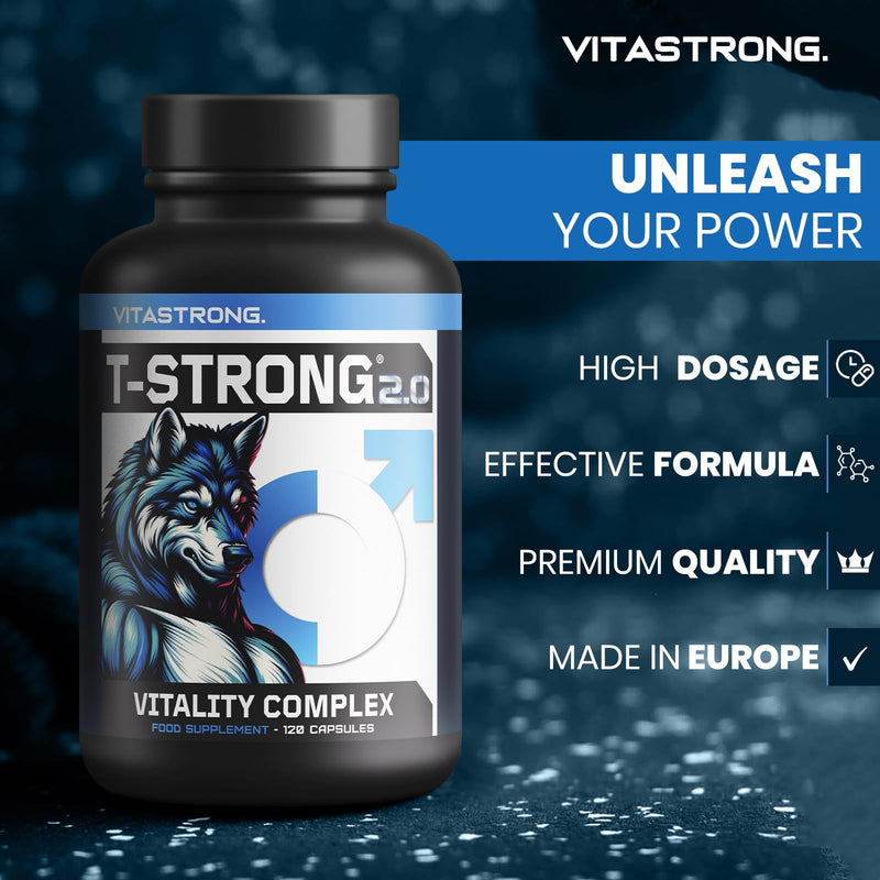 T-Strong 2.0 Vitastrong, Maca Root Vitality Complex Vegan, Arginine, Taurine, Zinc, High Strength Men Supplements, 120 Extra-Strong Maca Root Capsules +Fenugreek Ginkgo Ginseng Vitamin B6