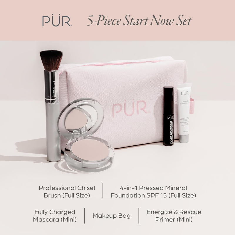 [Australia] - PÜR Minerals Multitasking Essentials Kit - Makeup Gift Set Includes 4-in-1 Correcting Primer, Fully Charged Mascara, 4-in-1 Pressed Mineral Powder & 1 Chisel Brush MN5/Golden Medium 