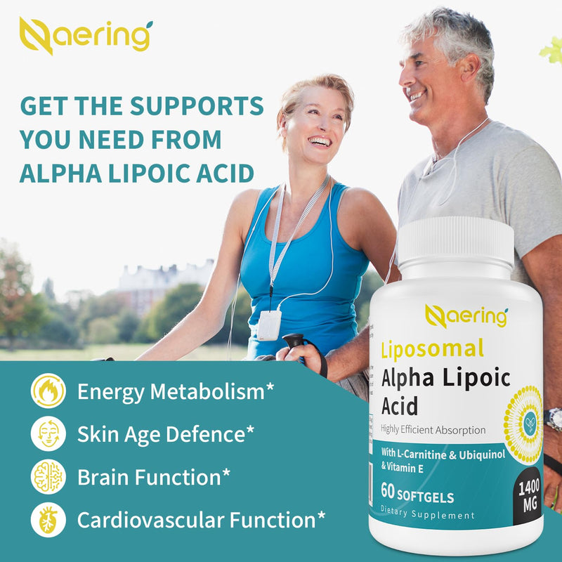 Liposomal Alpha Lipoic Acid 1400mg Softgels, ALA Supplement with L-Carnitine 1000mg, Ubiquinol (Active CoQ10) 100mg and Vitamin E 10mg,Alpha-Lipoic Acid for Antioxidants, Energy 60 Softgels 60 Count (Pack of 1)