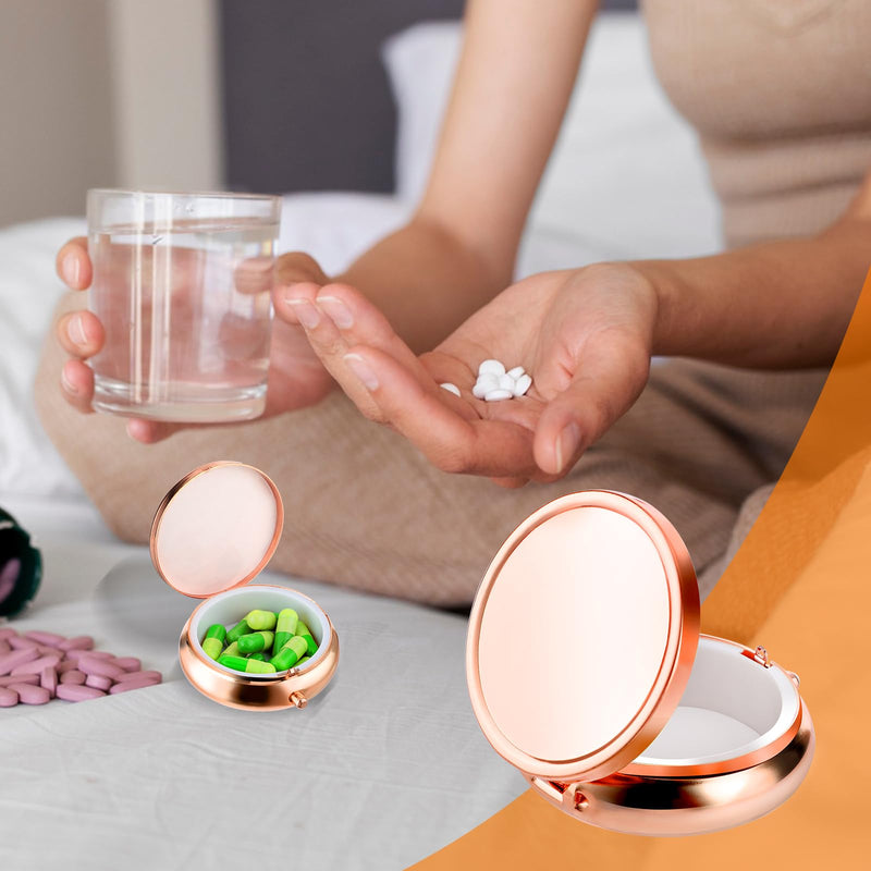 WLLHYF Pill Box Cute Small Pill Box for Purse & Pocket Medicine Organizer Travel Pillbox Waterproof Pill Case Metal Pill Container Holder for Vitamins, Fish Oil, Supplements (Rosegold) Rosegold