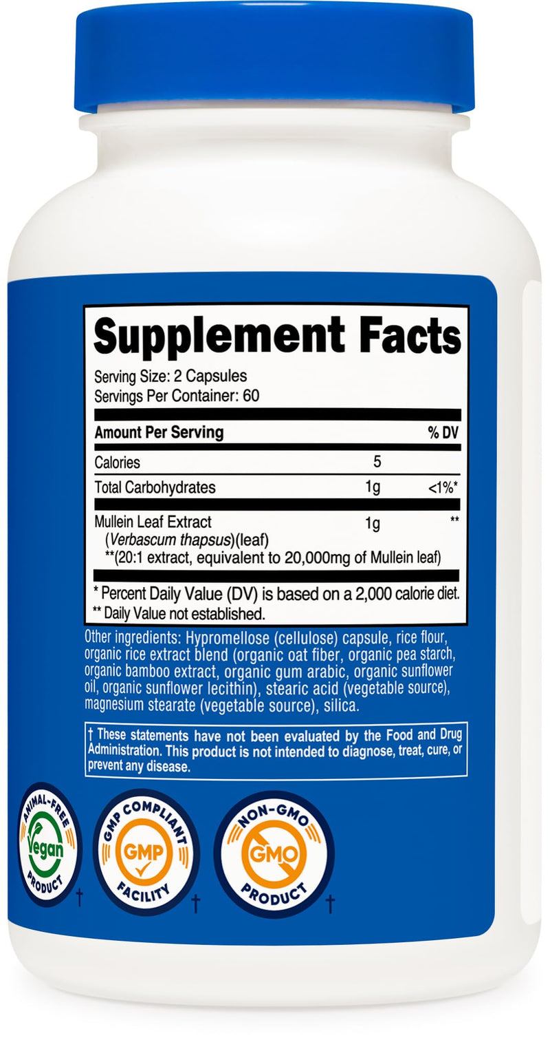 [Australia] - Nutricost Mullein Leaf Extract (20,000mg Equivalent) 120 Capsules - Vegan, 60 Servings 