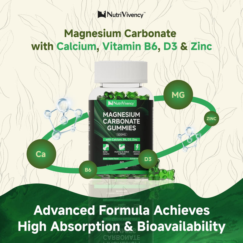 Magnesium Carbonate Gummies 500mg, Bone & Nerve, 30 Servings | With Calcium, Vit B6, D3, Zinc for Bone Health, Muscle Support. Sugar Free, Green Apple Flavor. Vegan, Non-GMO, Gluten-Free
