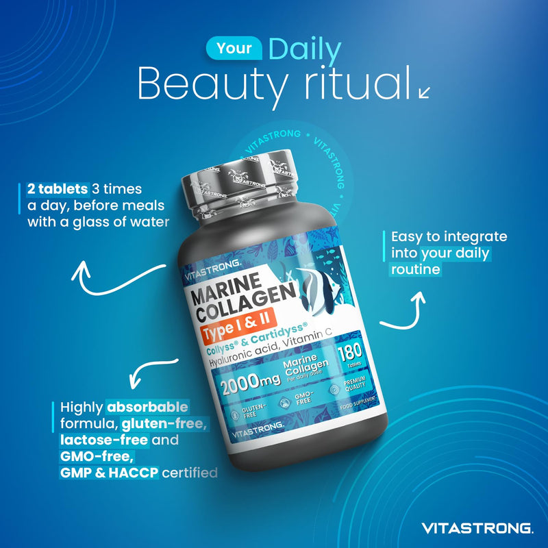 Marine Collagen with Hyaluronic Acid & Vitamin C, 180 Tablets Hydrolysed Type 1 and Collagen Type 2 Collyss & Cartidyss, Alternative to Marine Collagen Powder & Hyaluronic Acid Powder