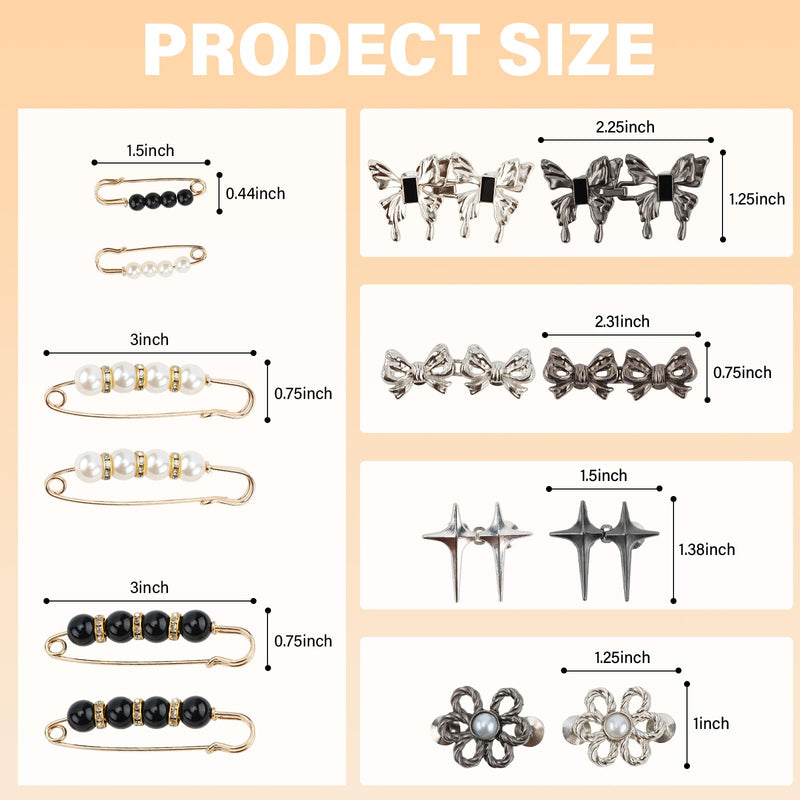 [Australia] - Chanaco Pant Waist Tightener, 14Pcs Jean Buttons Pins for Loose Jeans, Adjustable Bow Waist Cincher Clip, Metal Star Brooch for Clothing Decoration No Sew Pants Clips to Tighten Waist 