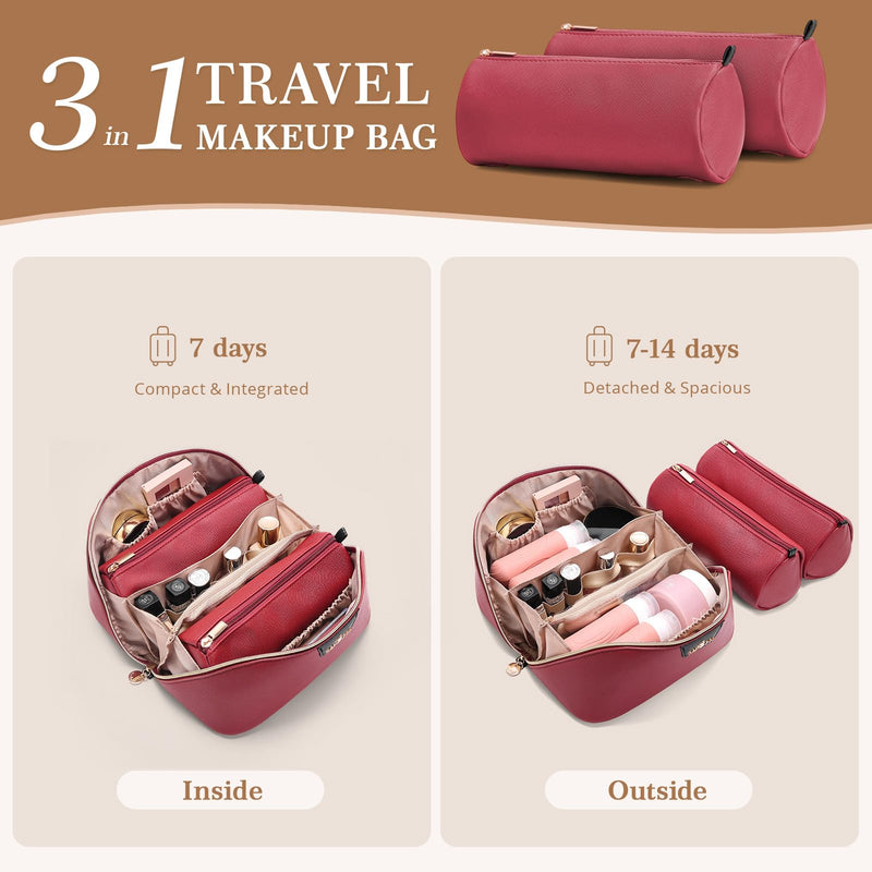 Travel Makeup Bag Organizer for Women: 3-in-1 Large Capacity Cosmetics Bag | Vegan Leather Flat Open Toiletry Bag with 2 Removable Skincare Pouch - Portable Travel Essentials for Full-Sized Bottles B05-Red