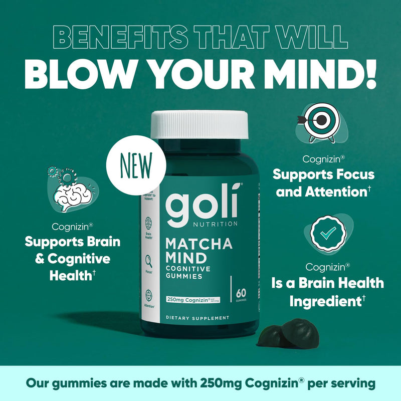 [Australia] - Goli Matcha Mind Gummies - 60 Count - Green Tea Leaves Powder with Cognizin for Focus, Attention and Brain Health, Vegan, Non-GMO, Gluten-Free & Gelatin Free. 