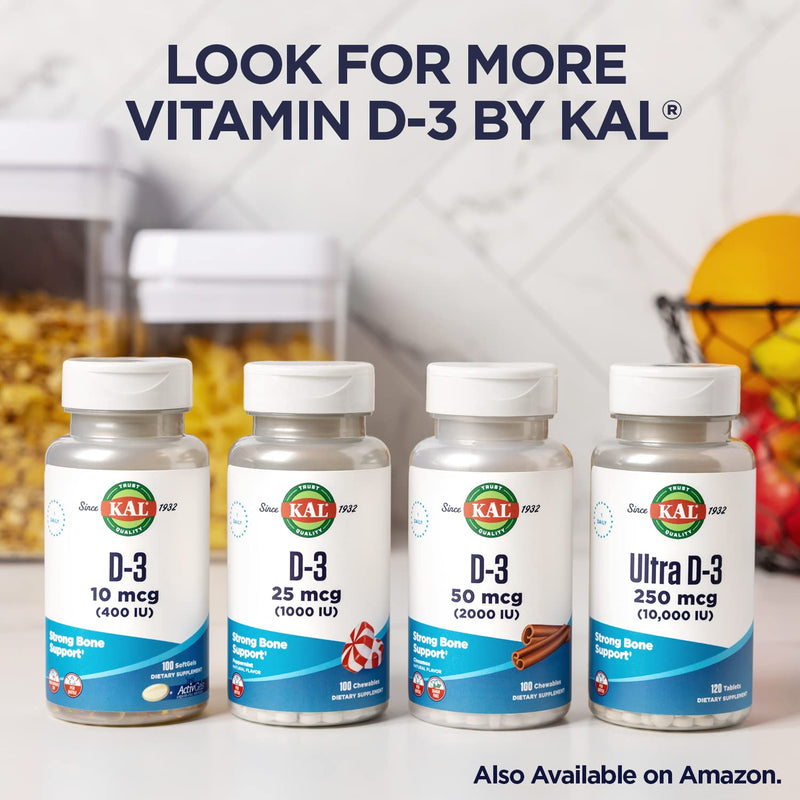 KAL Vitamin D3 1000 IU Softgels (25 mcg), Active Form of Vitamin D, Calcium Absorption, Bone Health, Immune Support Supplement, Liquid Filled ActivGel, Made Without Soy, 100 Servings, 100 Softgels 100 Count (Pack of 1)