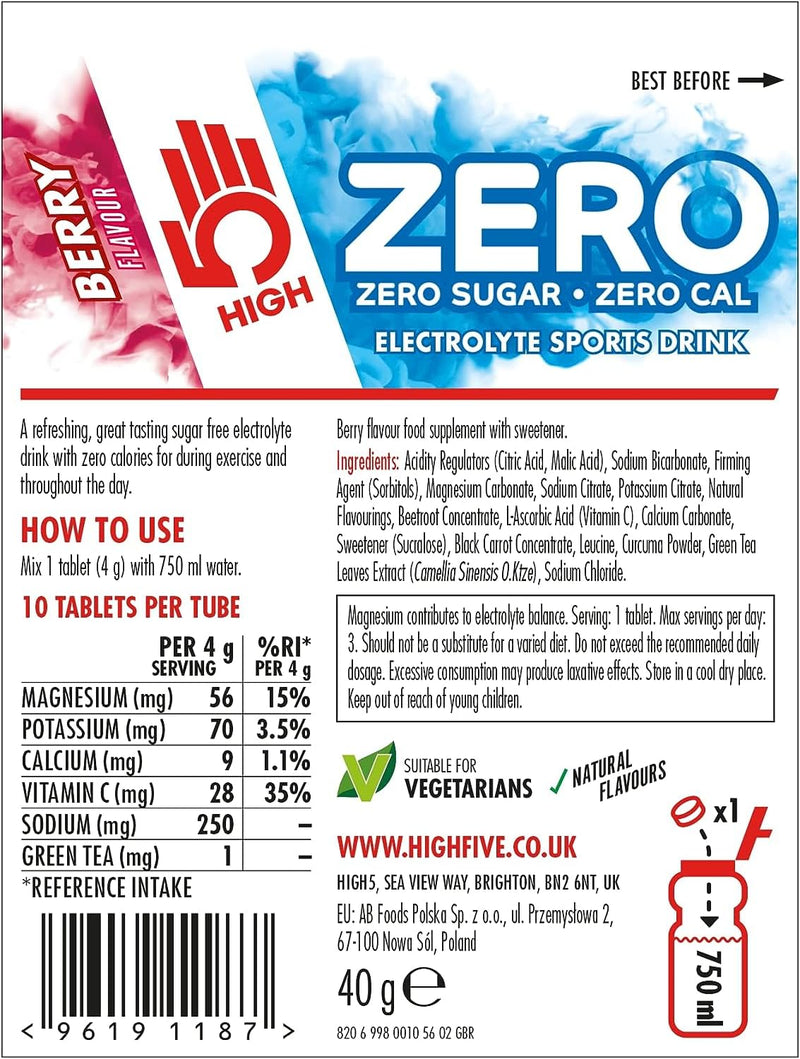 HIGH5 ZERO Hydration Electrolyte Sports Drink Dissolvable Tablets - 10 Tablets Per Tube - 4 x Tubes (40 Tablets Total) (2 x Berry / 2 x Citrus) ['2 x Berry / 2 x Citrus']