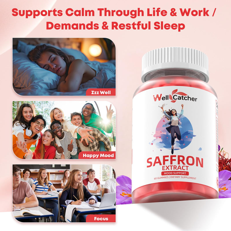 Saffron Gummies for Adults Kids - Organic Saffron Extract Supplement for Men Women Sugar Free for Mood Balance Support Better Sleep Metabolism with Vitamins Non GMO Strawberry Flavored 60 Days Supply 120 Count (Pack of 1)