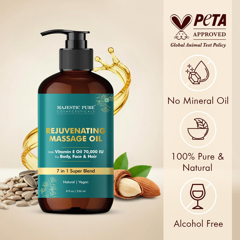Majestic Pure Vitamin E 70,000 IU Massage Oil, Nourishing Body Oil, 8 Fl Oz | Refreshing and Relaxing- Natural Oils with Almond - Jojoba - Argan & Avocado for Hydrating Dry Skin Types- Men and Women 8 Fl Oz (Pack of 1)