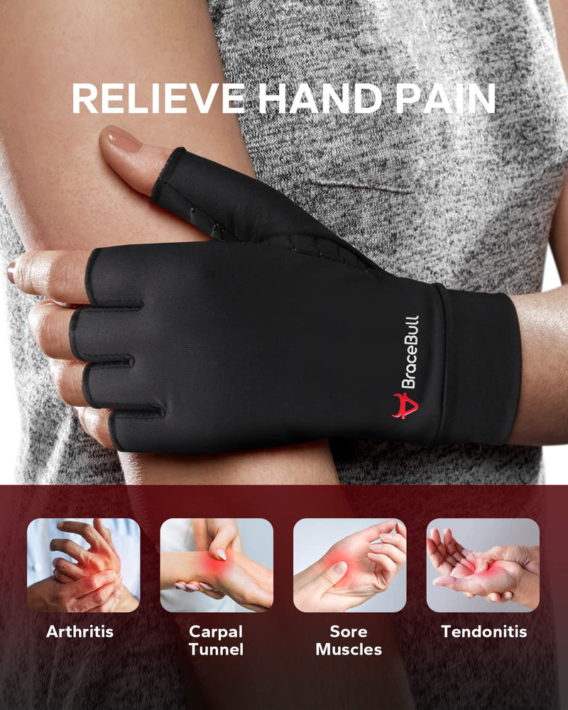 [Australia] - BraceBull Arthritis Gloves (2 Count), Copper Infused Fingerless Compression Gloves for Hand Pain, Carpal Tunnel, RSI, Rheumatoid, Tendonitis, and Relieve Muscle Pain for Women & Men (M, Black) Medium 