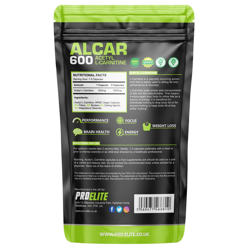 Acetyl L Carnitine Capsules - 1800mg Per Serving | 180 Capsules Vegan Pure Acetyl L-Carnitine Capsule Energy, Weight Loss Support, Fat Burner ALCAR NO Fillers & Binders - Made in UK by PROELITE 180 count (Pack of 1)