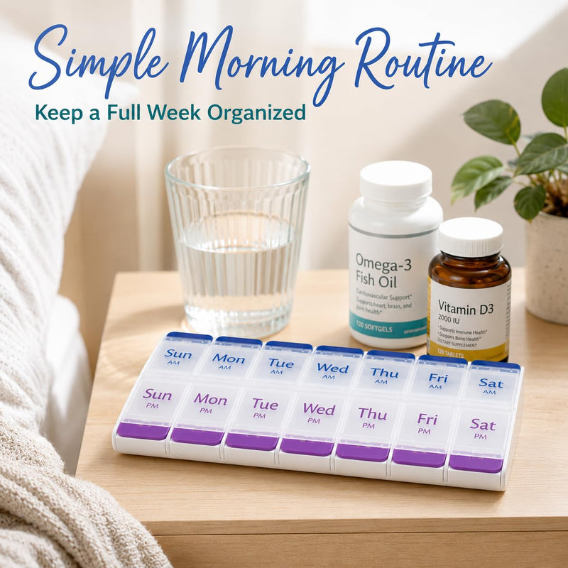 Jumbo AM PM Pill Organizer 7 Day - Weekly Pill Box 2 Times a Day | Push-Button Easy Open Clear Lids, BPA Free Plastic for Vitamins, Supplements and Medication