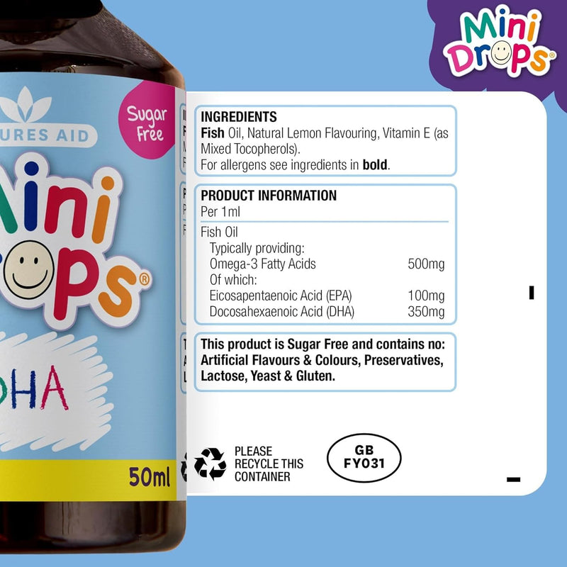 natures aid DHA Omega-3 Mini Drops for Infants and Children, Sugar Free, 50 ml (Pack of 6)