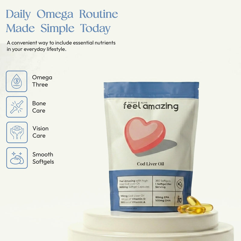 Feel Amazing Cod Liver Oil 1000mg Softgel Capsules – Omega 3 Fish Oil with Vitamin A & D – One a Day Daily Supplement for Bone, Vision & Immune Support – 360 Softgels 12 Month Supply Pouch