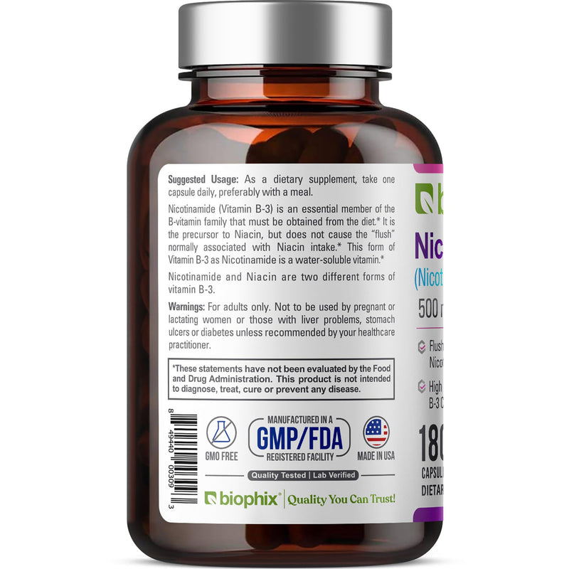 biophix B-3 Nicotinamide 500 mg 180 Caps - Nicotinic Amide Niacin Natural Flush-Free Vitamin Formula - Supports Skin Cell Health 180 Count (Pack of 1)