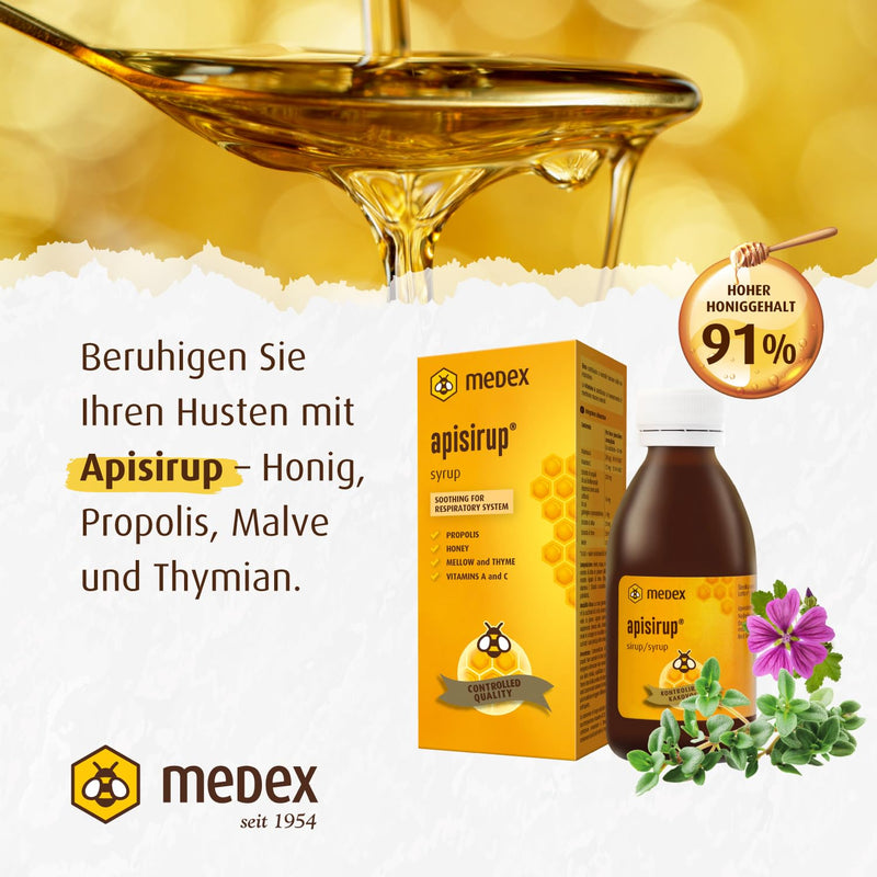 [Australia] - Medex Apisirup, juice with propolis, 91% honey based - 176 g honey, excellent taste, propolis, vitamin A, C, mallow, thyme 140 ml 