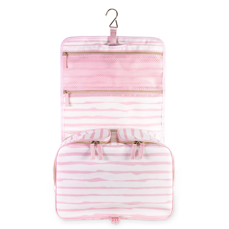kate spade new york Hanging Toiletry Bag, Goddess Stripe | 8.5" x 12.75" x 6" Travel Organizer with Gold Hook, 2 Large Bottle Compartments, Mesh & Clear Pockets, Nylon & Mesh