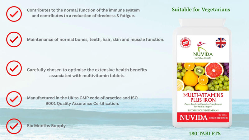 Nuvida Multivitamin Tablets with Iron - High Strength Multivitamins for Men and Women - One A Day Multivitamin Supplement - 6 Months Supply