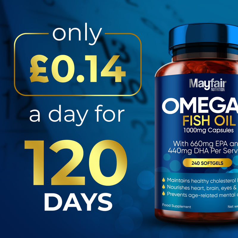 Omega 3 1000mg Capsules - 240 Fish Oil Tablets with 660mg EPA & 440mg DHA per Daily Serving - Supports Heart, Vision, & Brain Health - 4 Months Supply - Made in UK…