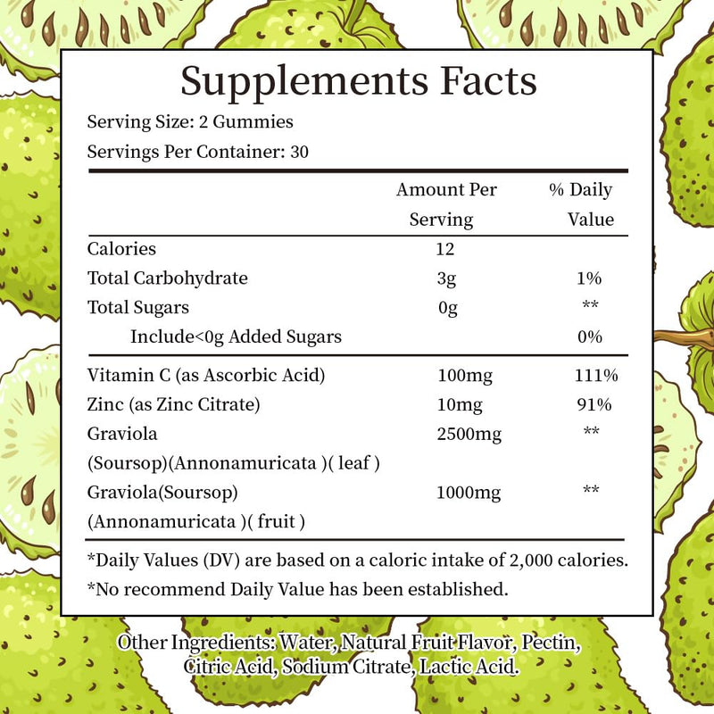 Soursop Gummies for Adults, Organic Soursop Leaves and Fruit Extract with Vitamin C, Zinc, 3500mg Soursop Graviola for Immunity, Digestive Aid & Antioxidant Boost, Sugar/Gluten Free(30 Servings)