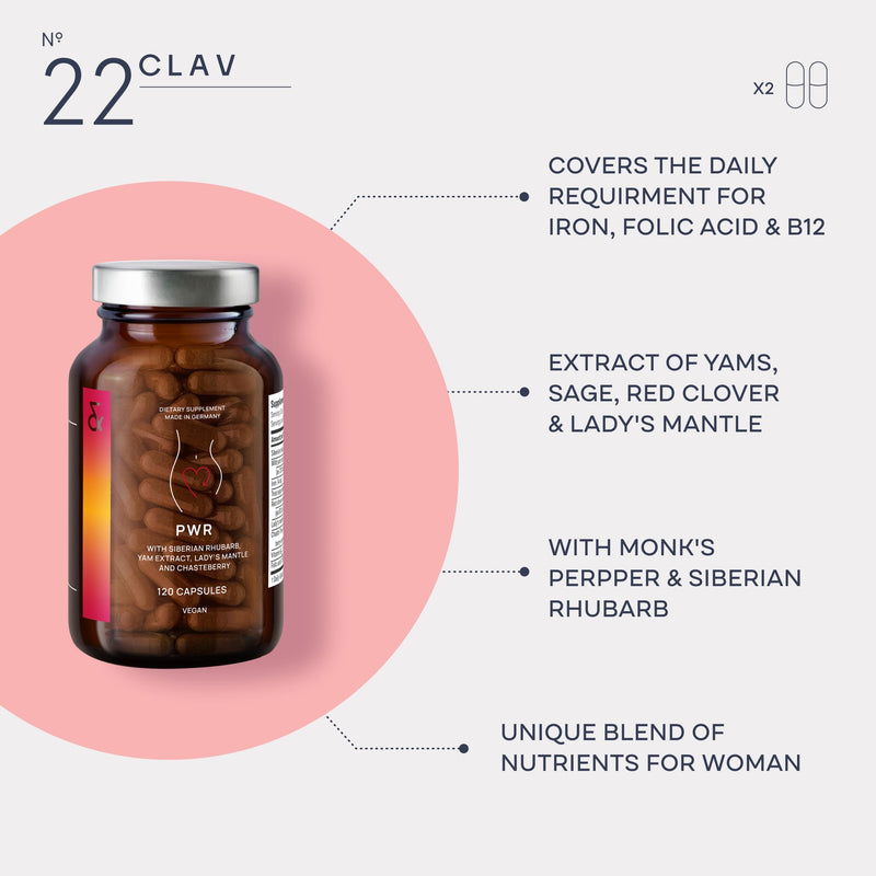 CLAV N°22 Power for Women with Wild Yam, Maca, Vitex Agnus-Castus & Siberian Rhubarb + Iron, B12 & Folic Acid - 120 Vegan Capsules - 60 Days Supply - Vegan