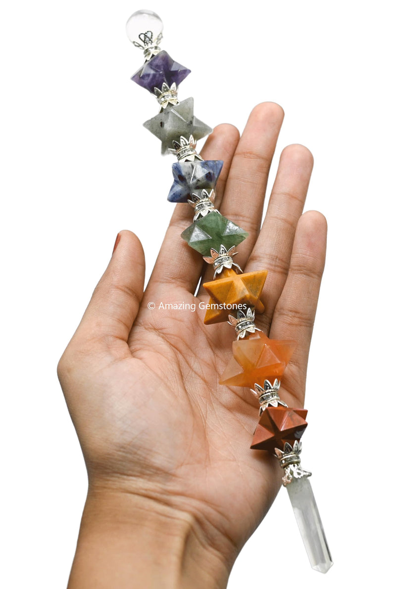 Amazing Gemstone Crystal Chakra Wand Healing Crystal Wands Witchcraft - Chakra Merkaba Crystal Wand for Meditation, Witchcraft, Healing, Yoga, Magic and More - Crystals and Healing Stones Gift