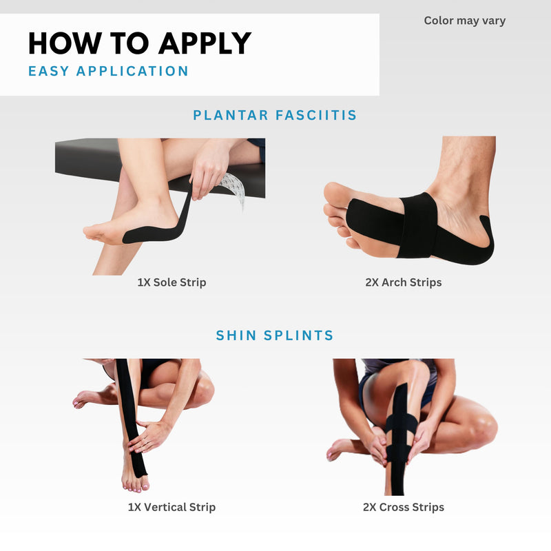 Plantar Fasciitis Tape, 20 Applications - Precut Kinesiology Tape Strips for Foot Soreness Relief - Also Great for Shin Splints - Includes 20 2x10" Strips & 40 2x5" Strips (Black, 20 Count) Black