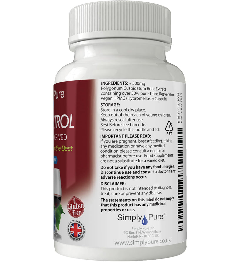Resveratrol 500mg | High Strength Trans-Resveratrol Supplement | 60 Vegan Capsules | Plant Derived Antioxidant | Non-GMO & Gluten Free | Daily Cellular & Longevity Support