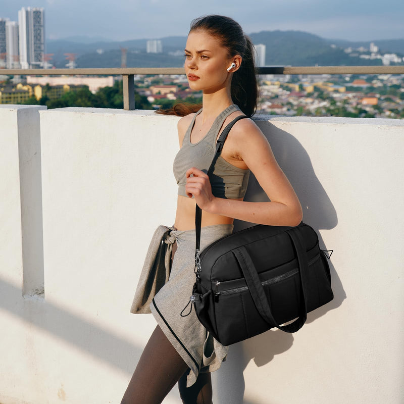 Small Gym Bag for Women, 20L Personal Item Travel Duffle Bag, Black | with Wet Pocket, Water Resistant, Lightweight, Puffer, Quiled, Airplane Friendly Carry on, for Overnight Weekender Sports