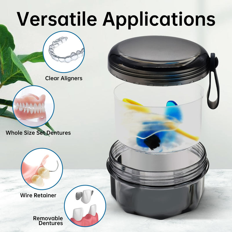 [Australia] - Leak Proof Denture Cups for Soaking Dentures, Partial Denture Bath Case Travel Retainer Cleaning Container Case with Brush for Aligner, Denture, Mouth Guard - Transparent Black 