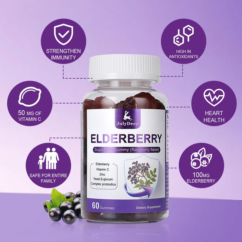 Sambucus Elderberry Gummies - Immune Support for Adults & Kids 4+ | 5 in 1 with Vitamin C, Zinc, Yeast β-glucan, Probiotics Complex, Nature Elderberry Supplement, Non-GMO丨60 Gummies 60 Gummies 1 Bottle