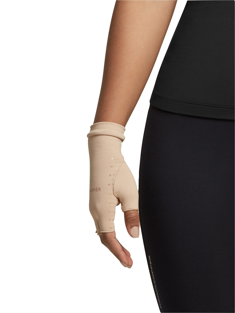 Tommie Copper Core Compression Half Finger Gloves, Unisex, Men & Women, Gloves for Hand Stiffness, Swelling & Joint Support Small Nude