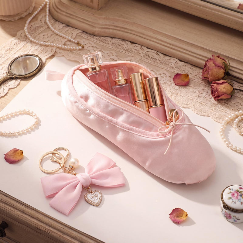 6 Pcs Ballet Shoe Makeup Bag Recital Gifts for Women Dance Pink Shoe Cosmetic Pouch with Bow Keychain Cute Ballerina Slipper Pouch Dancer Stuff
