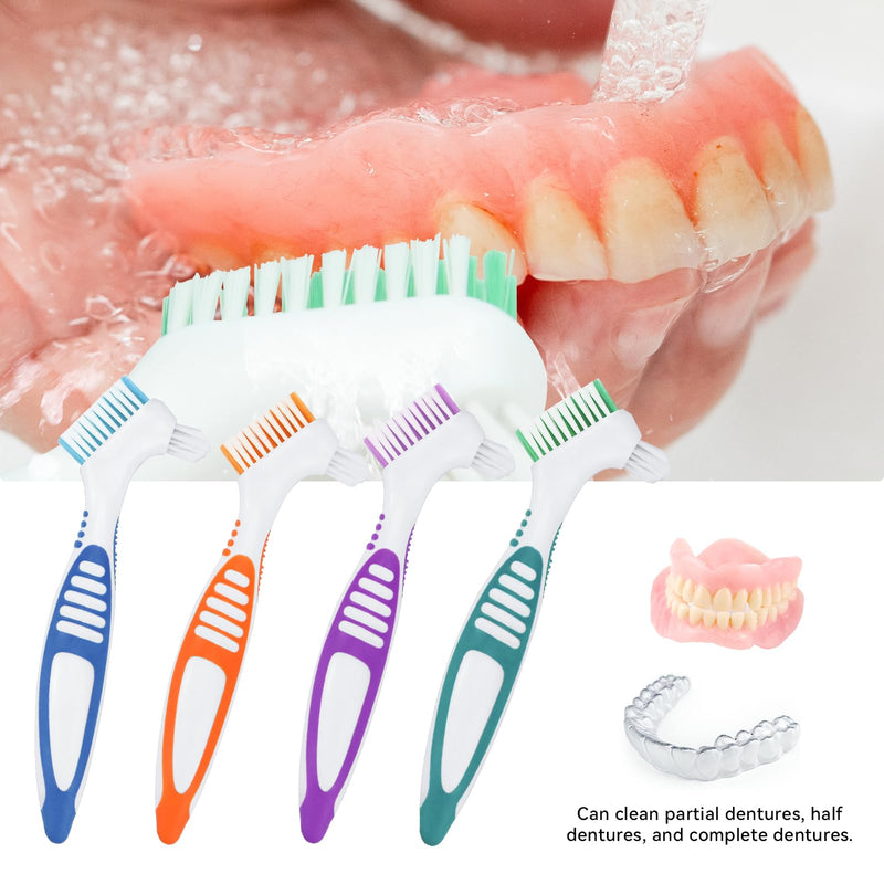 [Australia] - Pack of 4 Portable Denture Cleaning Brushes, with Multi-Layer Bristles and Ergonomic Rubber Handle, Portable Double-Sided Denture Brush for Denture Care (4 Colors) 