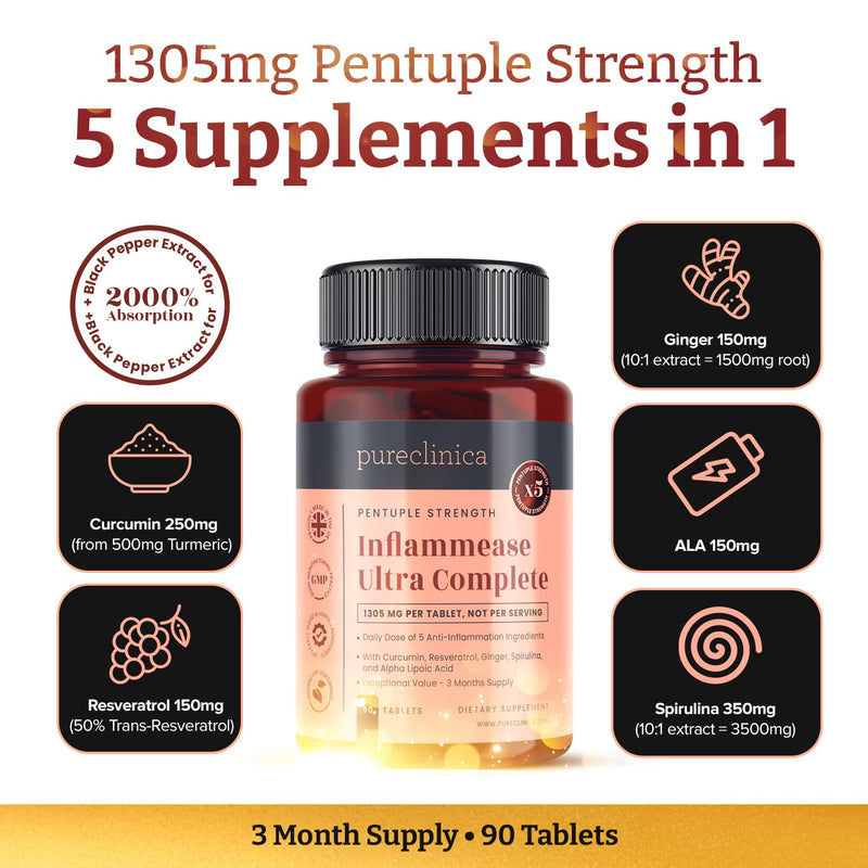 INFLAMMEASE Ultra Complete – 1305mg | 90 Tablets | 3 Months Supply | 5-in-1 Anti-Inflammatory Supplement with Ginger, Curcumin, Spirulina, ALA & Resveratrol | Made in UK | Joint & Immune Support 90 count (Pack of 1)