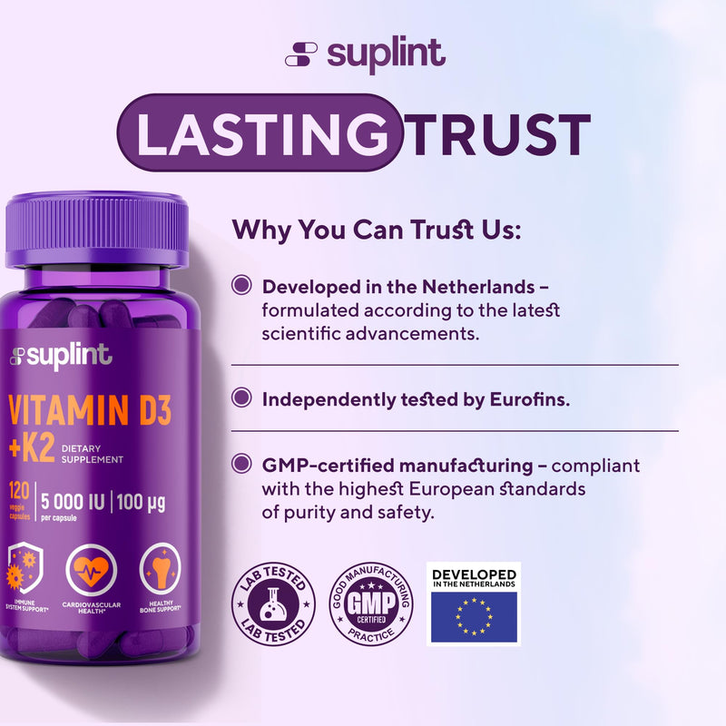 Vitamin D3 K2 1000 IU per Day – 120 Vegan Capsules – 100µg Vitamin K2 ≥ 98% All-Trans MK-7 – High Strength Vitamin D3 – Lab Tested – for Women and Men – Non-GMO, Gluten Free 120 count (Pack of 1)